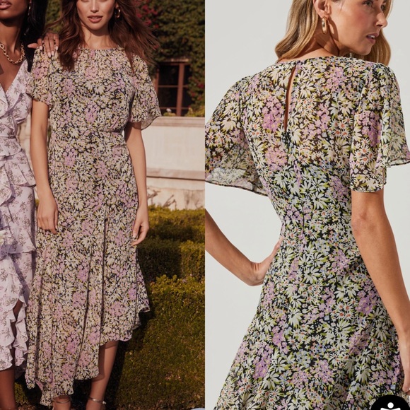 Astr | Dresses | Nwt Astr The Label Flutter Sleeve Asymmetrical Black Daisy Floral  Maxi Dress Szl | Poshmark